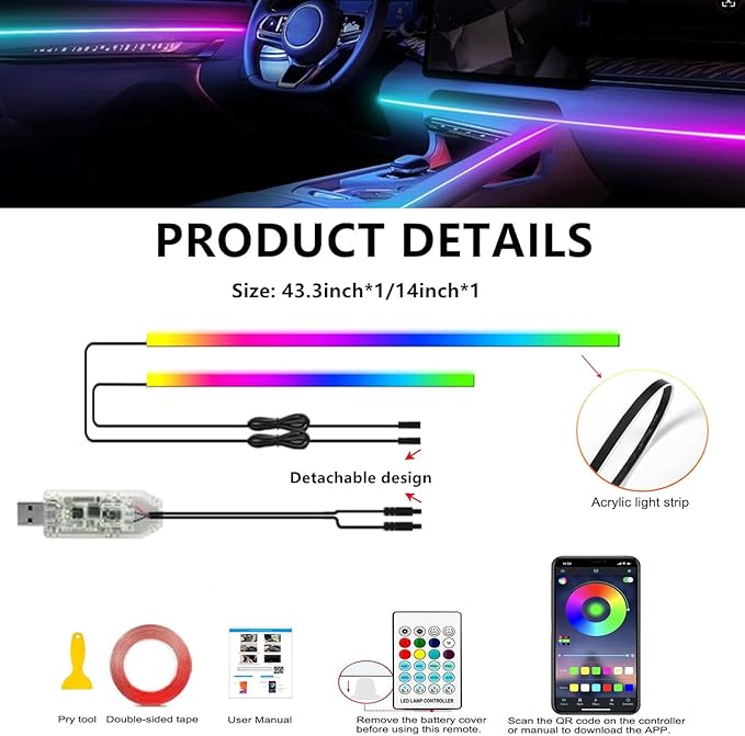 Interior Car LED Strip Lights,Acrylic LED Lights for Car with Dynamic Dreamcolor Chasing,57in USB 2 in 1 RGB Neon Strip Fiber Optic LED Ambient Lighting Kits with Remote APP,for Inside car Decorations