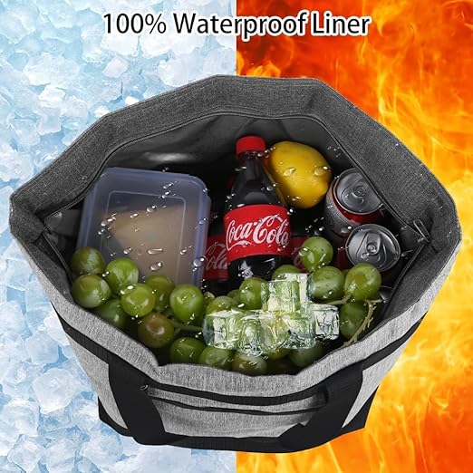 CIVJET Insulated Reusable Tote Bag for Grocery Shopping for Women/Men, Waterproof Cooler Bags for Travel/Beach/Picnic, Pizza/Food Delivery Bag to Keep Food Cold/Hot (Cationic Cloth, Grey，2-Pack)