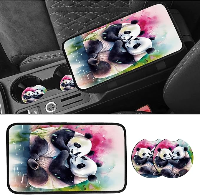 Car Armrest Cover Pads Universal Fashion Cute Auto Center Console Armrest Cover Pad with 2PCS Car Coasters Soft Waterproof Car Armrest Seat Protector for Women Girls, Cute Panda