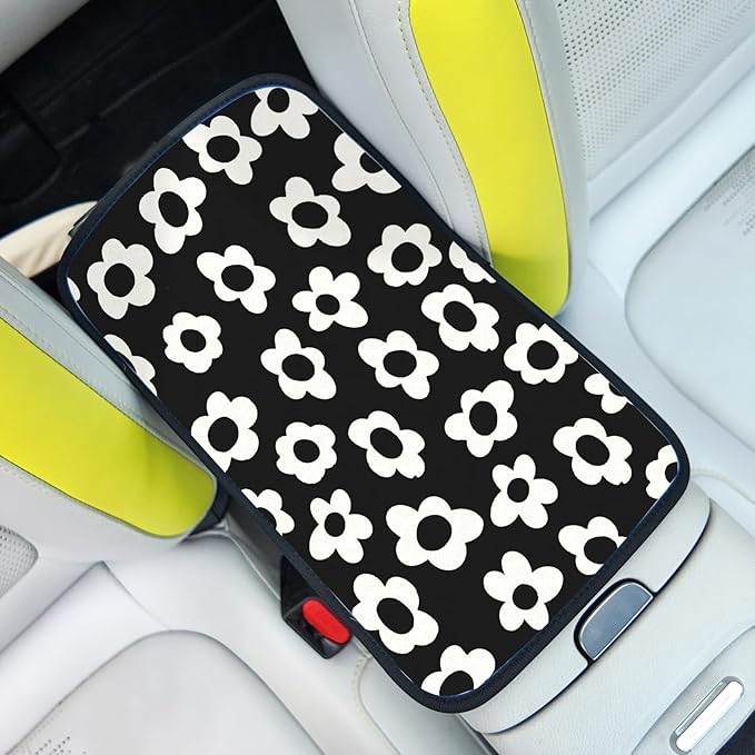 Car Center Console Cover,White Flowers Auto Center Console Pad,Armrest Cover Protector for Vehicle SUV Truck Car