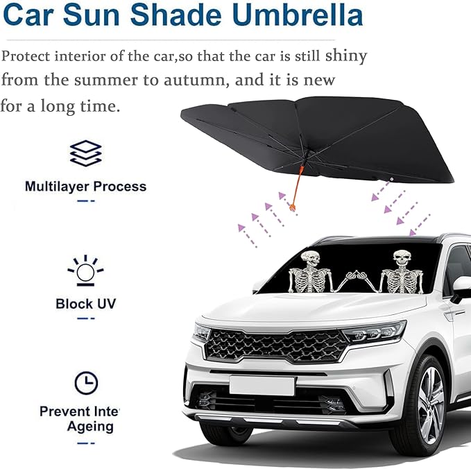 Socira Funny Skull Car Sun Shade Windshield Sunshade Umbrella Foldable Gothic Umbrella Sun Shade Sunshade Front Window Cover Skull Car Accessories Blocks Uv Rays 57" X 30"