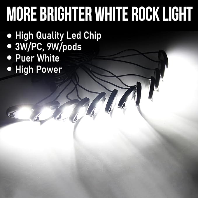 OPP ULITE White LED Rock Lights Kit, 12 Pods Underglow for Jeep Offroad Truck Car ATV SUV Boat Motorcycle Vehicle Under Body Glow Lamp Trail Fender Lighting (12pods Rock W)