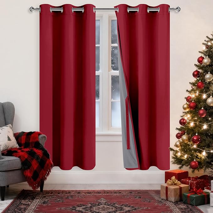 XWZO 100% Blackout Curtains 72 Inches Long - Double Layer Full Room Darkening & Energy Efficiency Grommet Window Panels with Tiebacks, Christmas Red, W38 x L72, Set of 2