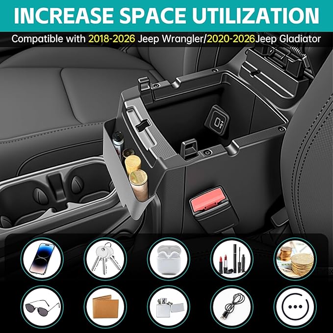 Center Console Organizer Compatible with 2018-2026 Jeep Wangler JL JLU 4xe Rubicon Sahara & 2020-2026 Gladiator JT Accessories, Console Hanging Box Tray Fit for Jeep Interior Accessories