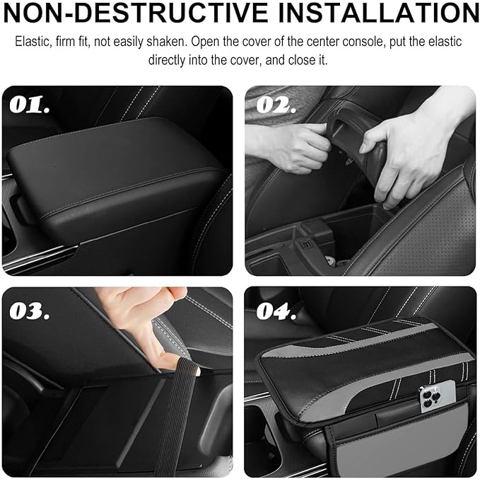 NBTEPEM Gray Center Console Cover, Sporty Leather Armrest Cover Cushion with 2 Storage Pockets, Universal Auto Middle Console Protector, Car Interior Accessories for Most SUV, Truck, Sedan Vehicles