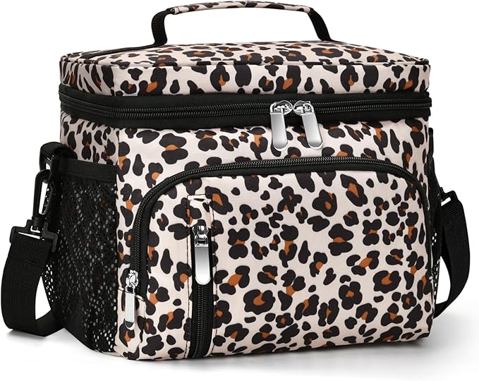 Insulated Lunch Bag for Men & Women, 9L Leakproof Lunch Box Soft Cooler Tote with 5 Pockets, 600D Oxford, EVA Lining, Adjustable Strap for Work, Picnic, Beach&Travel-Leopard Print