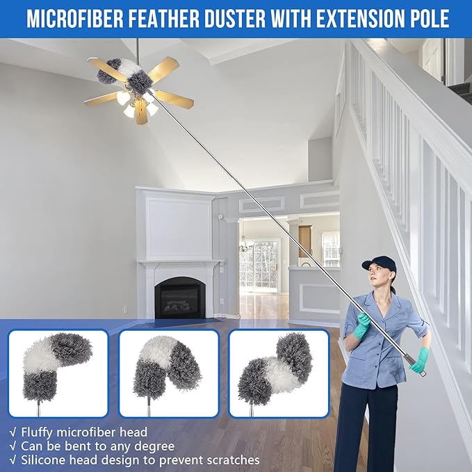 UIMO Microfiber Feather Duster 5-in-1 Kit for Dusting and Cleaning – 30–100" Extension Pole, Anti-Slip Grip, Bendable Washable Heads for Ceiling Fan, Furniture, Car (Blue)