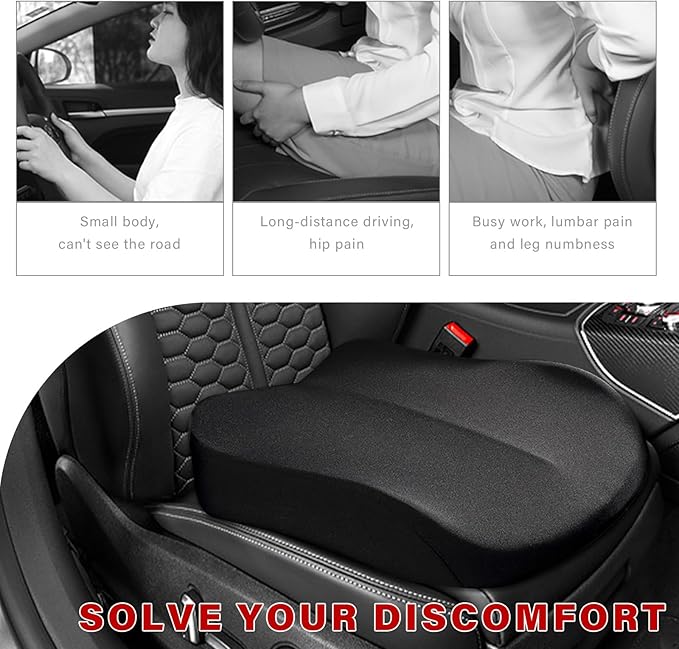 Car Seat Cushion, Ergonomic Memory Foam Auto Booster Seat Pad with Nonslip Bottom, Comfortable Vehicle Cushion for Short People Driving Fit for Sedan Truck SUV, Car Accessories (Black)