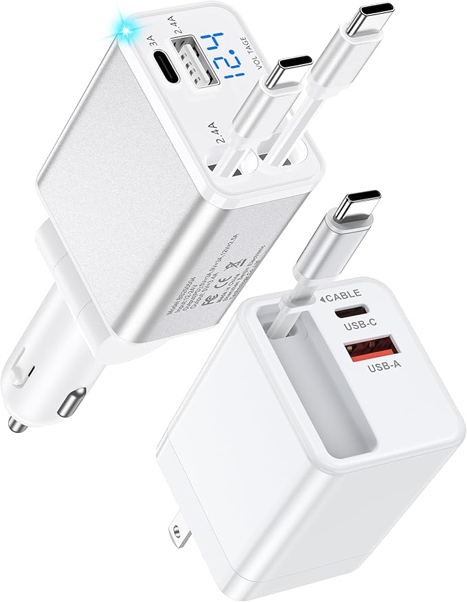Retractable Charger Type C Cable for Google Pixel 10a 10 Pro Fold 10 XL 9a 9 8a, Fast Car Charger Adapter + Foldable Wall Plug Kit with Built in Type C Cord for iPhone 17e 17 Pro Max 17Pro 16e 16 15