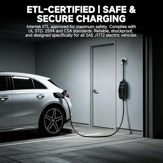 Level 1&2 EV Charger -16Amp Adjustable Current Home Charging Station with 110V-240V NEMA 6-20 Plug & 5-15 Adapter, 25FT Cable Portable Electric Vehicle Car Charger, SAE J1772 Charging Station for Home
