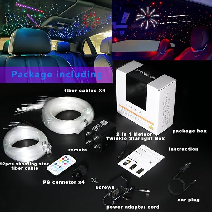 AZIMOM 4Colors 2 in 1 Meteor Twinkle Fiber Optic Starlight Headliner Kits Mixed1720pcs 13.1ft Fiber Strands,RGB Meteor Shooting Star 240pcs, Sound Remote APP Control Home Ceiling Car Headliner Decor