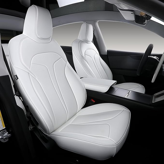 Custom Fit Seat Covers for 2025 2026 Tesla Model Y Juniper (5-Seater), Waterproof Breathable Nappa Leather, OEM Factory Style Full Set Car Seat Protectors Airbag Compatible - White