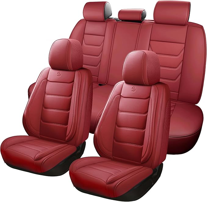 Full Coverage Faux Leather Car Seat Covers Full Set,Automotive Seat Covers for Cars,SUVs Pick-up Truck, Car Seat Cushion, Wine Red Seat Covers for 5 Seats
