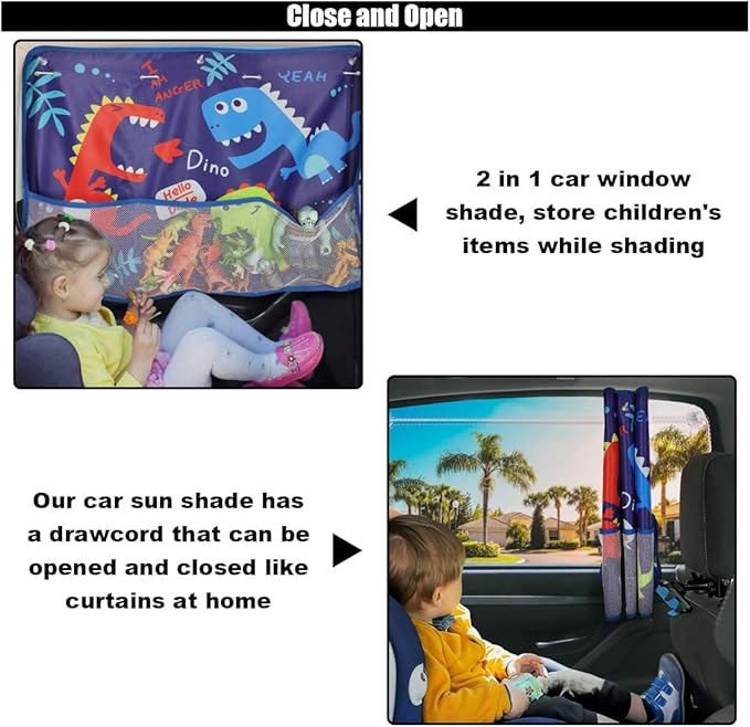 Car Window Shade for Baby, Blackout Car Window Curtain with Storage Pockets & 7 Suction Cups, Cartoon Pattern Cars Side Window Sun Shade Cover for Sun/Heat/UV Rays Protection (Blue-Dinosaurs)