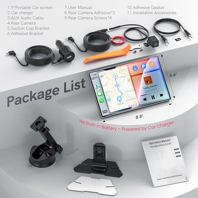 Portable CarPlay Screen for Car,Car Stereo with Apple CarPlay & Android Auto,Incell Touch Screen,4K Dash Cam,1080P Backup Camera,Mirror Link, Voice Control, Bluetooth 5.3,GPS,FM (9 Inch)