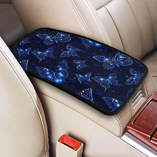 Glowing Neon Blue Celestial Style Butterfly Car Auto Armrest Cushion Cover Accessories Center Console Seat Box Pad Protector Universal Decoration for Most Vehicle SUV Truck