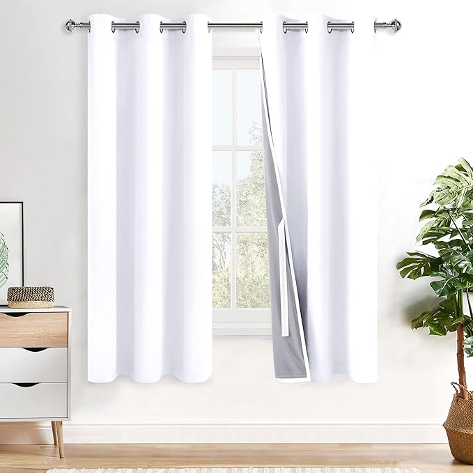 XWZO White 100% Blackout Curtains - Heat and Full Light Blocking Drapes with Black Liner for Bedroom/Laundry Room, Grommet Top Window Panels with Tiebacks, White, W42 x L63, Set of 2