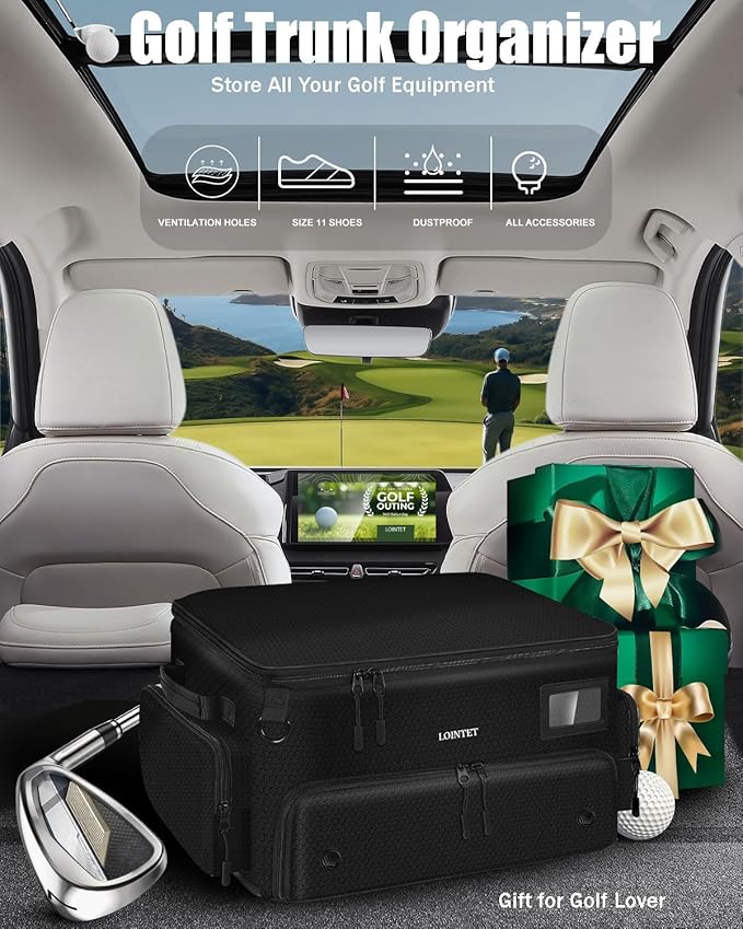 LOINTET Golf Trunk Organizer, Waterproof Car Golf Locker with Separate Ventilated Compartment for 2 Pair Shoes, Golf Storage for Balls, Tees, Cap, Clothes, Gloves, Accessories, Gifts for Men, Women