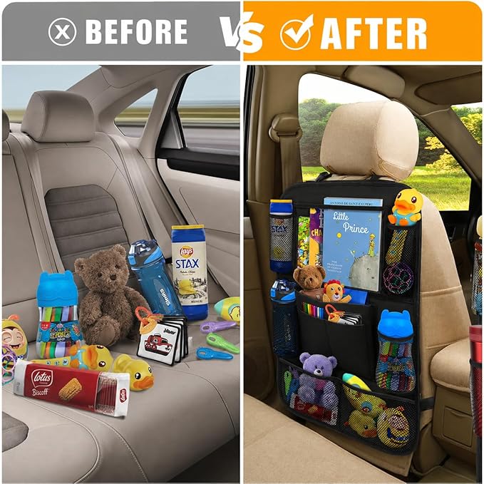 ULEEKA Car Backseat Organizer with 10" Table Holder, 9 Storage Pockets Seat Back Protectors Kick Mats for Kids Toddlers, Travel Accessories, 2 Pack
