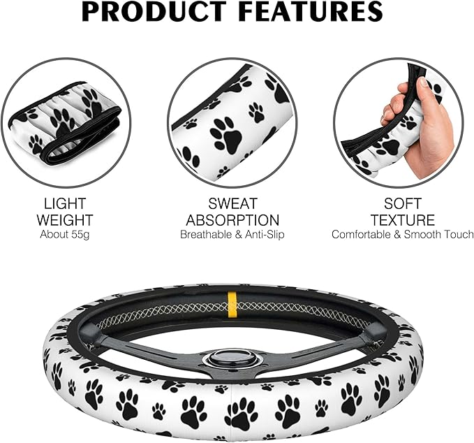Cat Dog Paw Print Car Steering Wheel Cover, Non-Slip Absorbing Sweat Car Wheel Cover Accessories for Men Women,Universal 15" Fit Auto SUV Vans Trucks