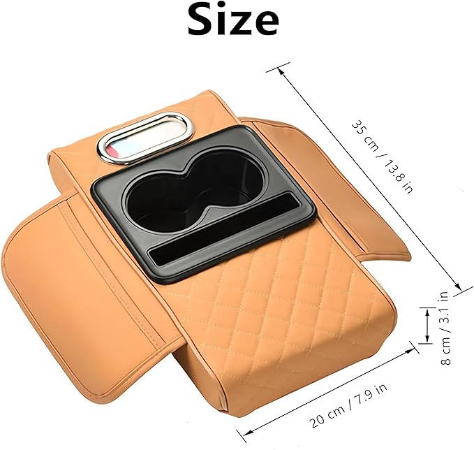 Multifunctional PU Leather Car Armrest Box Mat, 5-in-1 Multifunctional Car Armrest Cushion, Center Console Cover with 2 Cup Holder, For Storing Tissues, Phones, Wallets, Drinks, for Most Cars (Beige)