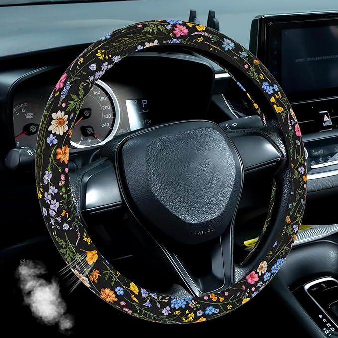 Wildflower Car Steering Wheel Cover, Flower Car Accessory for Diverse Cars, Cute Floral Print Steering Wheel Cover Protector for Women, for Steering Wheel with a Diameter of 14.5"-15" (Wildflower)