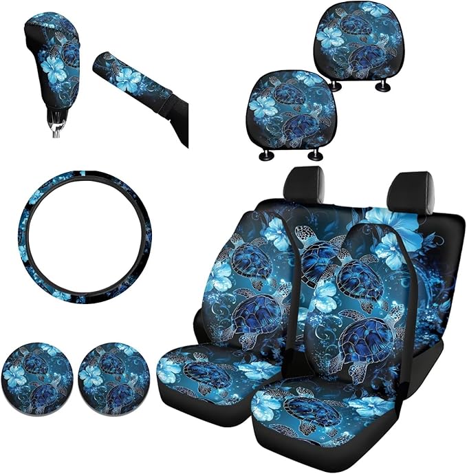 FKELYI Floral Sea Turtle Car Seat Covers Full Set with Steering Wheel, Headrest, Gear Shift, Handbrake Covers, Cup Holder Coasters