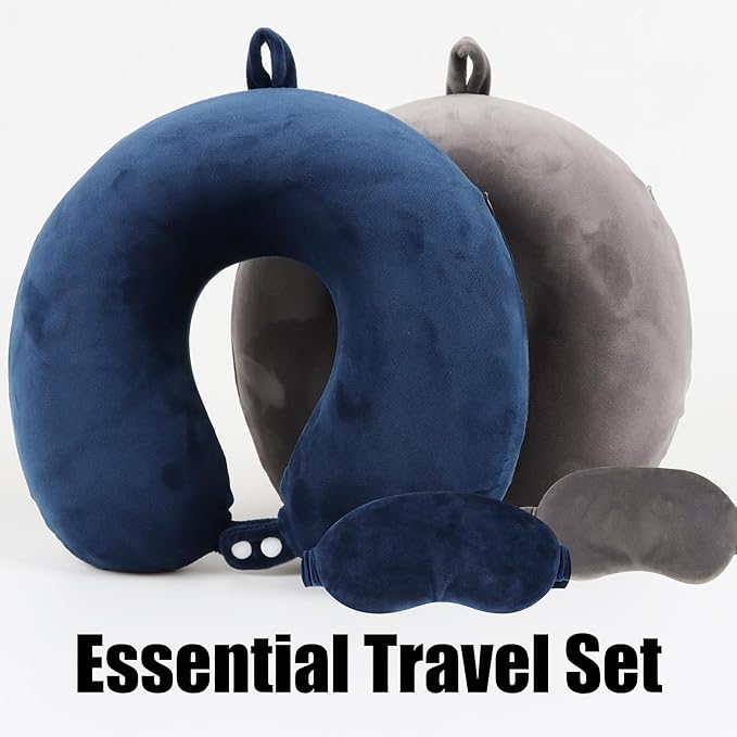 Pure Memory Foam Travel Pillow Set for Adults - Comfortable & Removable Machine Washable Cover, Neck Support Pillow Airplane Travel Kit with Eye Mask for Portable Plane Accessories -Dark Grey