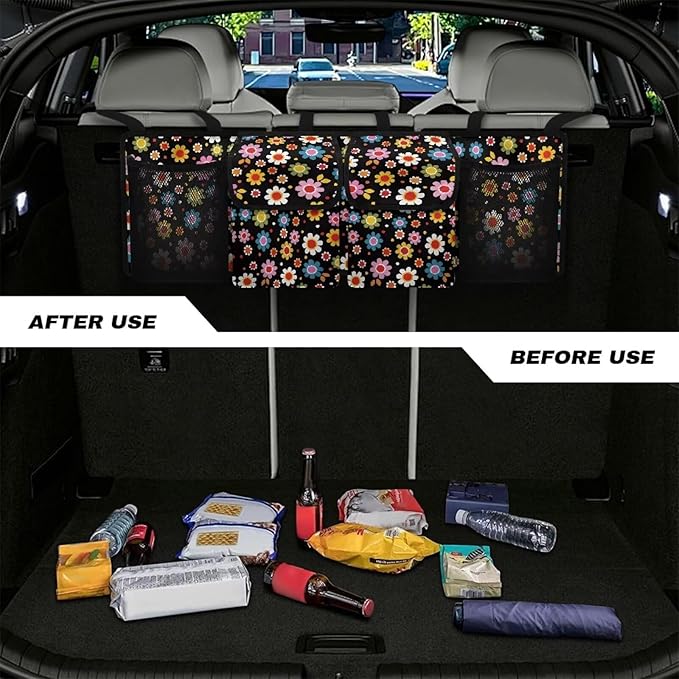 Colorful Hippie Flower Car Trunk Organizer and Storage, Large Capacity Backseat Hanging Storage with 4 Bag Car Accessories, Backseat Car Organizer Universal for Cars, Truck