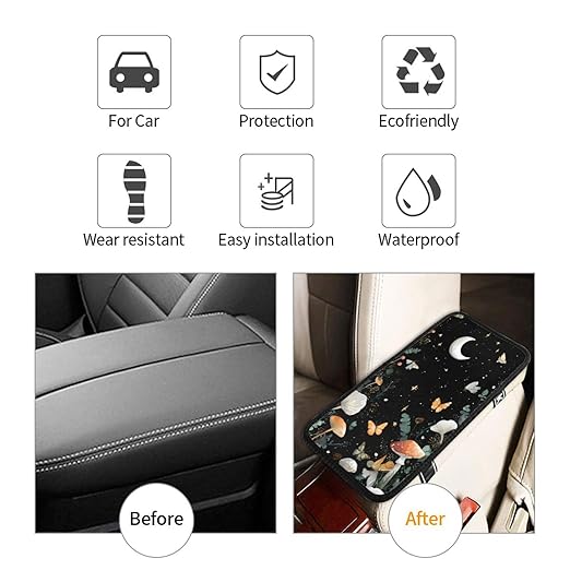 Moon Mushrooms Snails Car Auto Armrest Cushion Cover Accessories Center Console Seat Box Pad Protector Universal Decoration for Most Vehicle SUV Truck