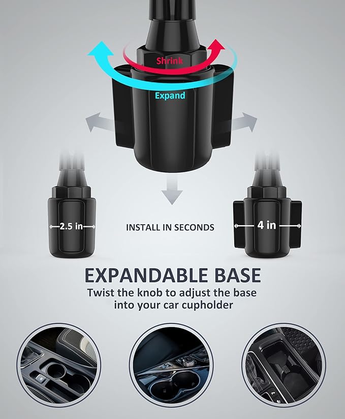 Dual Phone Holder for Car Cup Holder – Long Flexible Neck, 360° Rotatable Car Phone Mount - Adjustable Cell Cup Holder, Universal Size Fits 2 iPhone, Samsung, GPS and More (Magnetic)