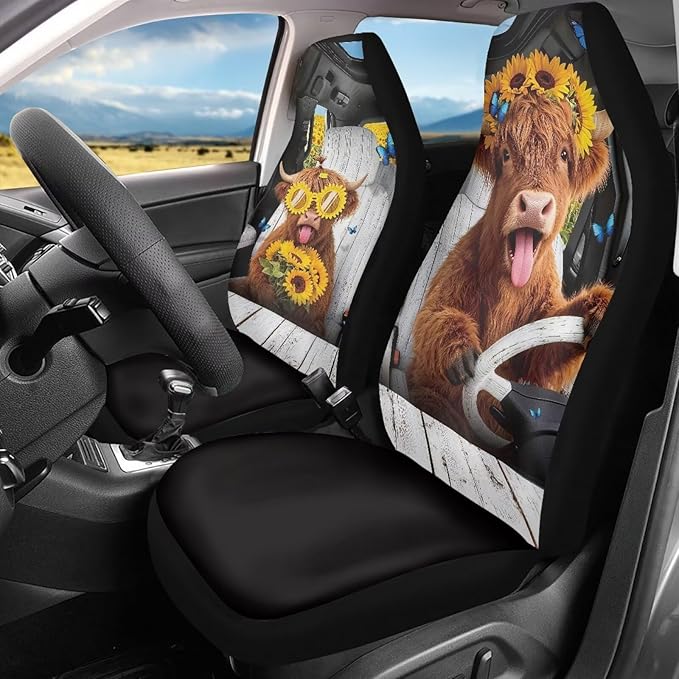 Highland Cow Car Front Seat Covers Set of 2 Nonslip Car Seat Covers Front Seats Only Stretch Polyester Fabric Cover Cars Seats Covers Protector for Cars Sedans SUVs