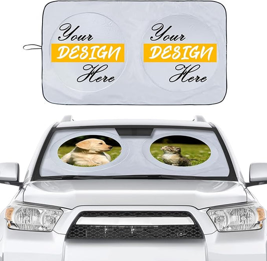Custom Car Windshield Sun Shade, Personalized Foldable Front Window Sun Visor Protector Shield with Your Customized Photo Text Logo Design, Fits Most Sedans, SUVs, Vans, MPV, Trucks (X-Large)