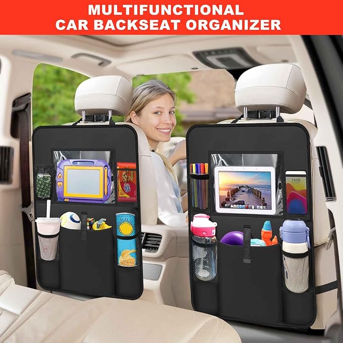 2 Pack Car Backseat Organizer with Touch Screen Tablet Holder,6 Storage Pockets Protectors Kick Mats,Car Back Seat Cover Protector Travel Accessories for Kids