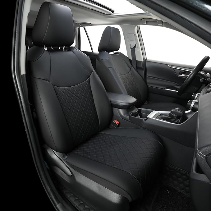 GIANT PANDA Full Set Car Seat Covers Custom Fit for Toyota Rav4 Hybrid SE/XSE 2019 2020 2021 2022 2023 2024 2025 Rav 4,Prime SE,Prime XSE 2021 2022 2023 2024,Stretch Faux Leather,Polyester Fiber,Black