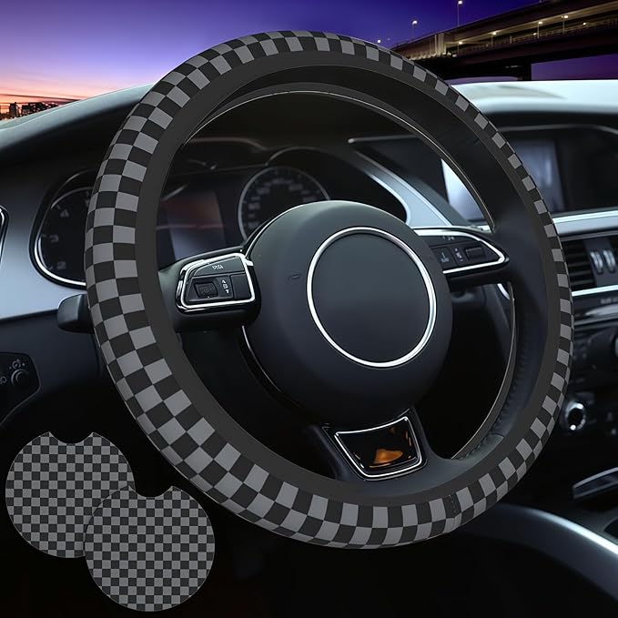 Checkered Steering Wheel Cover Gray - Checkered Black Gray Steering Wheel Cover Anti-Slip Breathable Universal 15 Inch Car with 2 Pcs Car Coasters Suitable Men Women