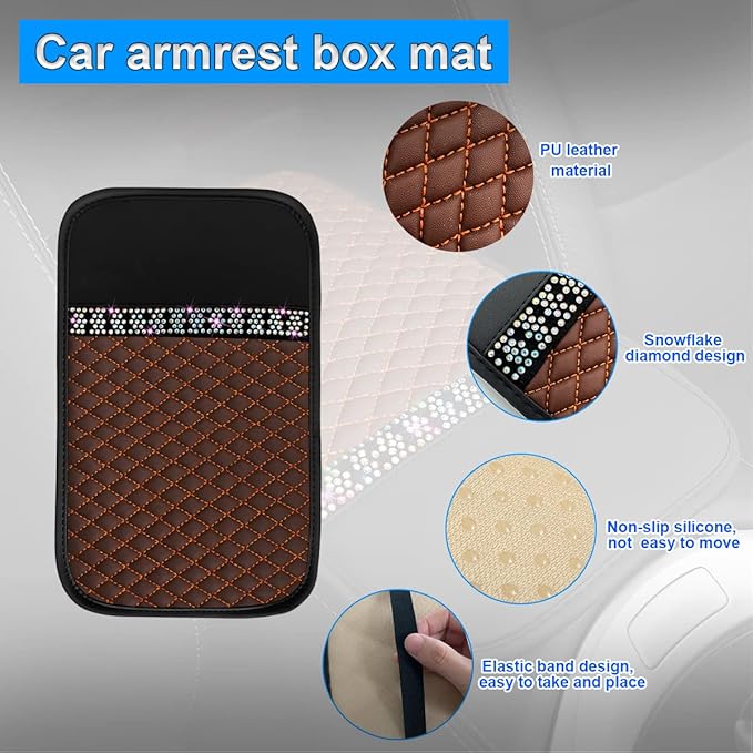 Bling Leather Car Center Console Cover, Car Center Console Protector With Glossy Crystal Rhinestone, Universal Waterproof Car Armrest Seat Box Cover For Most Car, Vehicles, SUVs, Trucks (Brown)
