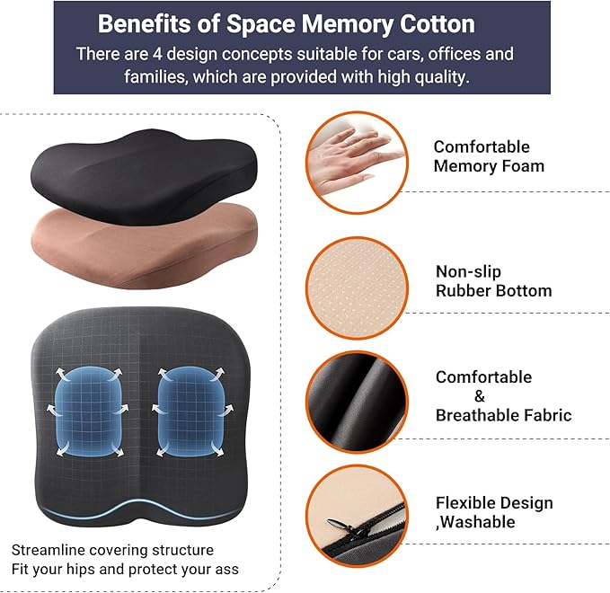 Adult Booster Car Seat Cushion, Wedge Memory Foam Pad for Driving Seat, Effectively Increase Height By 3.94 inch, Car Travel Accessories for Long Trips, (Black)