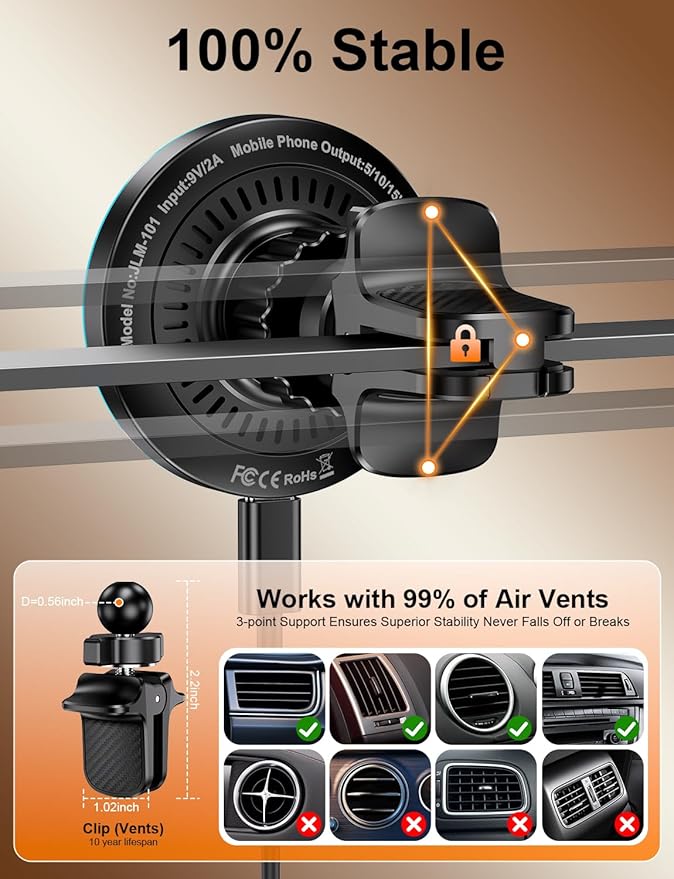 for Magsafe Car Mount Charger, [100% Stable] 15W 2 in1 Magnetic Wireless Car Charger, Vent/Dashboard Phone Holders for Your Car for Women Men Car Phone Holder Car Charger for iPhone 17 16 15 14 13