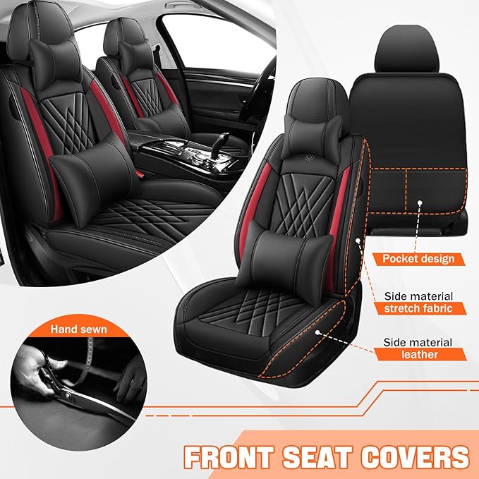 Car Seat Covers Compatible with Toyota Camry 2012-2026 Durable Waterproof Automotive Seat Covers Stretchable Fabric Material,Airbag Compatibility,Premium Nappa Leather(Black Red,Full Set with Pillow)