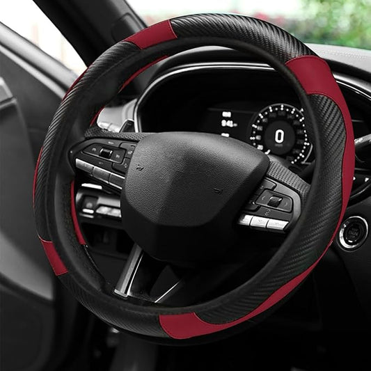 15" Car Steering Wheel Cover, Carbon Fiber Leather Stitching Elastic Steering Wheel Protector, Anti-Slip/Breathable/Durable/Soft, Interior Accessories for Most Cars (Carbon Fiber Black +Wine Red)