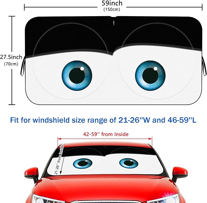 Car Windshield Sun Shade, Funny Eyes Sun Visor for Car Windshield, Wear-Resistant Black Tape, Foldable 59‘’x27.5‘’/63''x31.5''