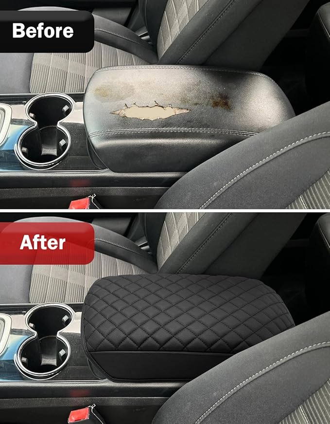 KBH Center Console Armrest Cover for Ford Edge 2015 2016 2017 2018 2019 2020, Vinyl Leather Accessories, Middle Console Lid Protector Cushion Pad, Anti-Scratch, Black