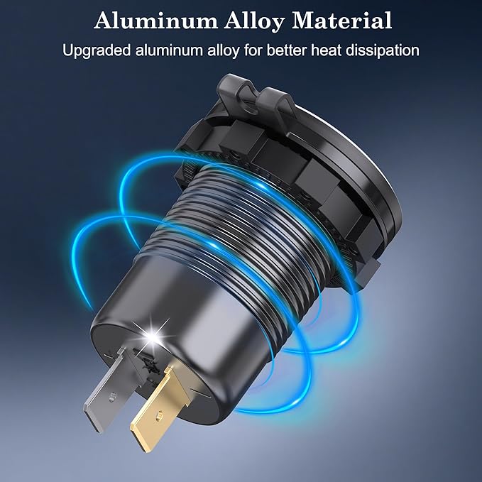 9V-60V USB Charger, 12V 24V 36V 48V 60V USB Outlet Aluminum Car Socket, PD 36W and QC 18W Car Port Outlet Waterproof Cigarette Lighter Replacement DIY Kit with Power Switch for Boat Golf Cart, etc.