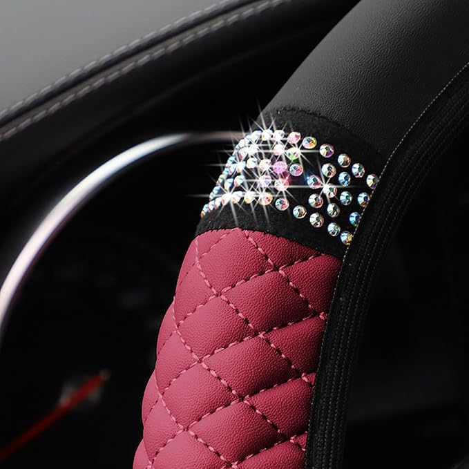Bling Car Steering Wheel Cover, 15 Inch Rhinestones Soft Leather Elastic Steering Wheel Protector, Sparkly Crystal Diamond for Women Girls, Car Interior Accessories for Most Cars (Wine Red)