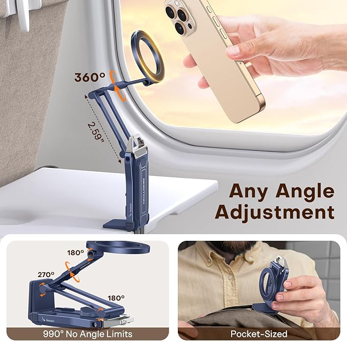 OMOTON TP02 360°Rotating for MagSafe Tripod Mount, Adjustable Aluminum Magnetic Phone Tripod for iPhone 17/16/15/14 Pro Max Air, Foldable Cell Phone Stand Fits Vlog, Gym, Travel Essentials, Navy Blue