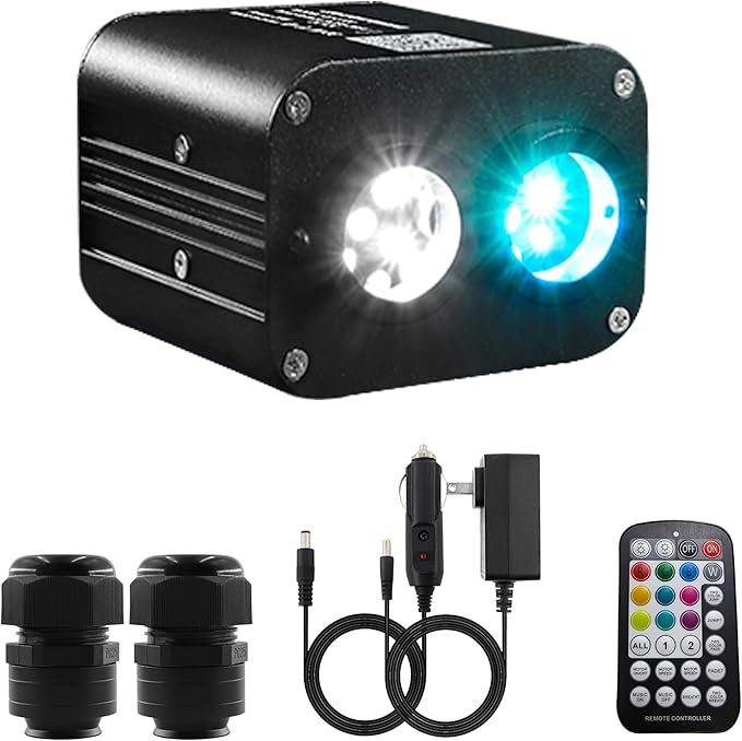 ATOKEE 20W Dual Color Dual Head Fiber Optic Light Box for Starlight Headliner, Twinkle Effect & Music Mode, Bluetooth App/RF Remote Control, Car Plug & Power Adapter, PG Connector & 3 Drill Bits