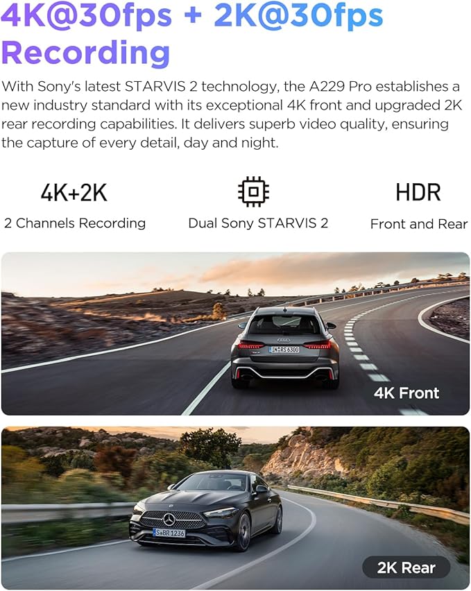 VIOFO A229 Pro 4K HDR Dash Cam, Dual STARVIS 2 IMX678 IMX675, 4K+2K Front and Rear Car Camera, 2 Channel with HDR, Voice Control, 5GHz WiFi GPS, Night Vision 2.0, 24H Parking Mode