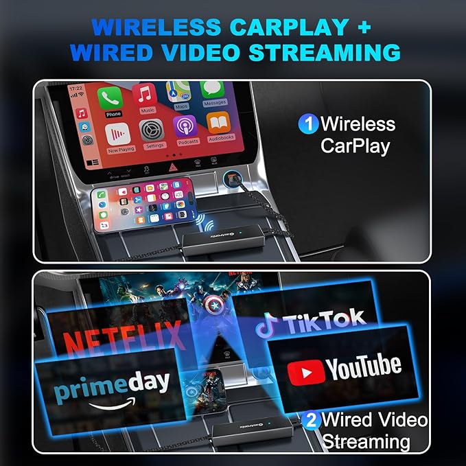 4-in-1 Wireless CarPlay Adapter for iPhone 15/16/17 & Newer, Wired Video Streaming, Screen Mirroring, Two-Way Control & Charging, Plug & Play for Factory Wired CarPlay (Gray)