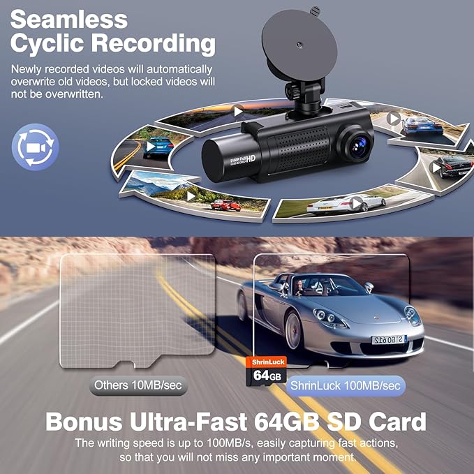 4K+1080P+1080P 5.8GHz WiFi Dash Cam Front and Rear Inside, Free 64G SD Card, 4K UHD 3 Channel Dash Camera for Cars, 360° All Sides Dashcam, G-Sensor, Night Vision, WDR, 24H Parking Monitor